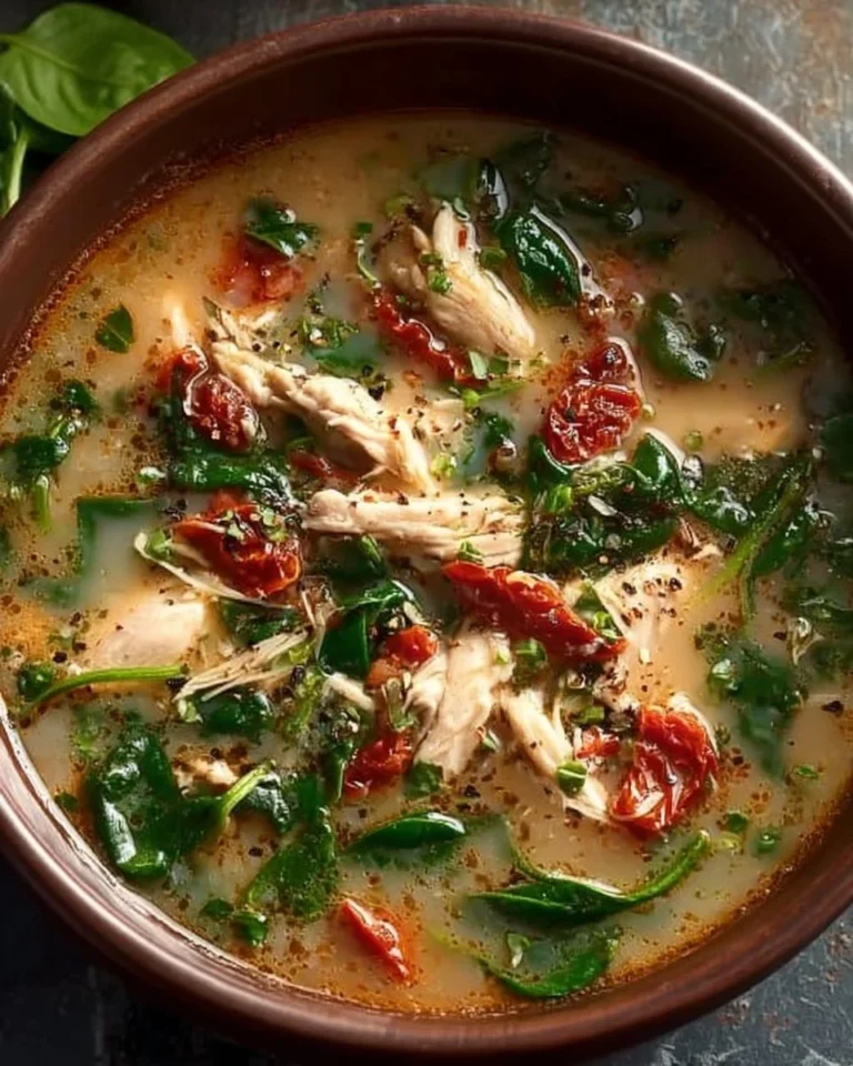 Bowl of Marry Me Chicken Soup garnished with herbs and served hot.