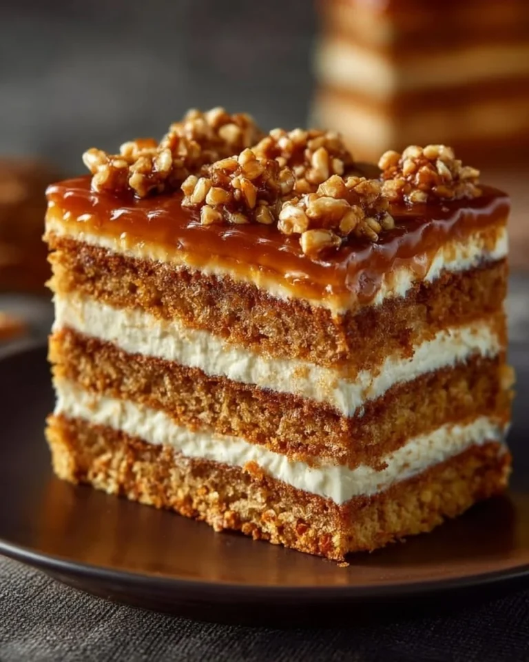 Miodownik z kremem budyniowym i karmelizowanymi orzechami w miodzie na talerzu