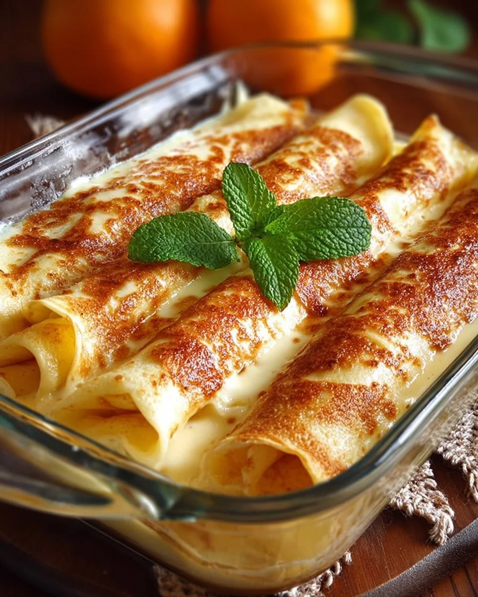 Naleśniki z serem zapiekane w sosie budyniowym na talerzu