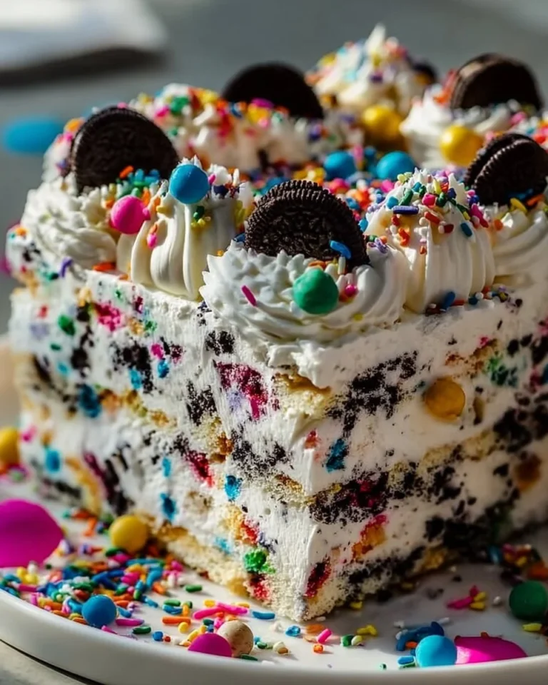 No-Bake Funfetti Oreo Icebox Cake topped with colorful sprinkles