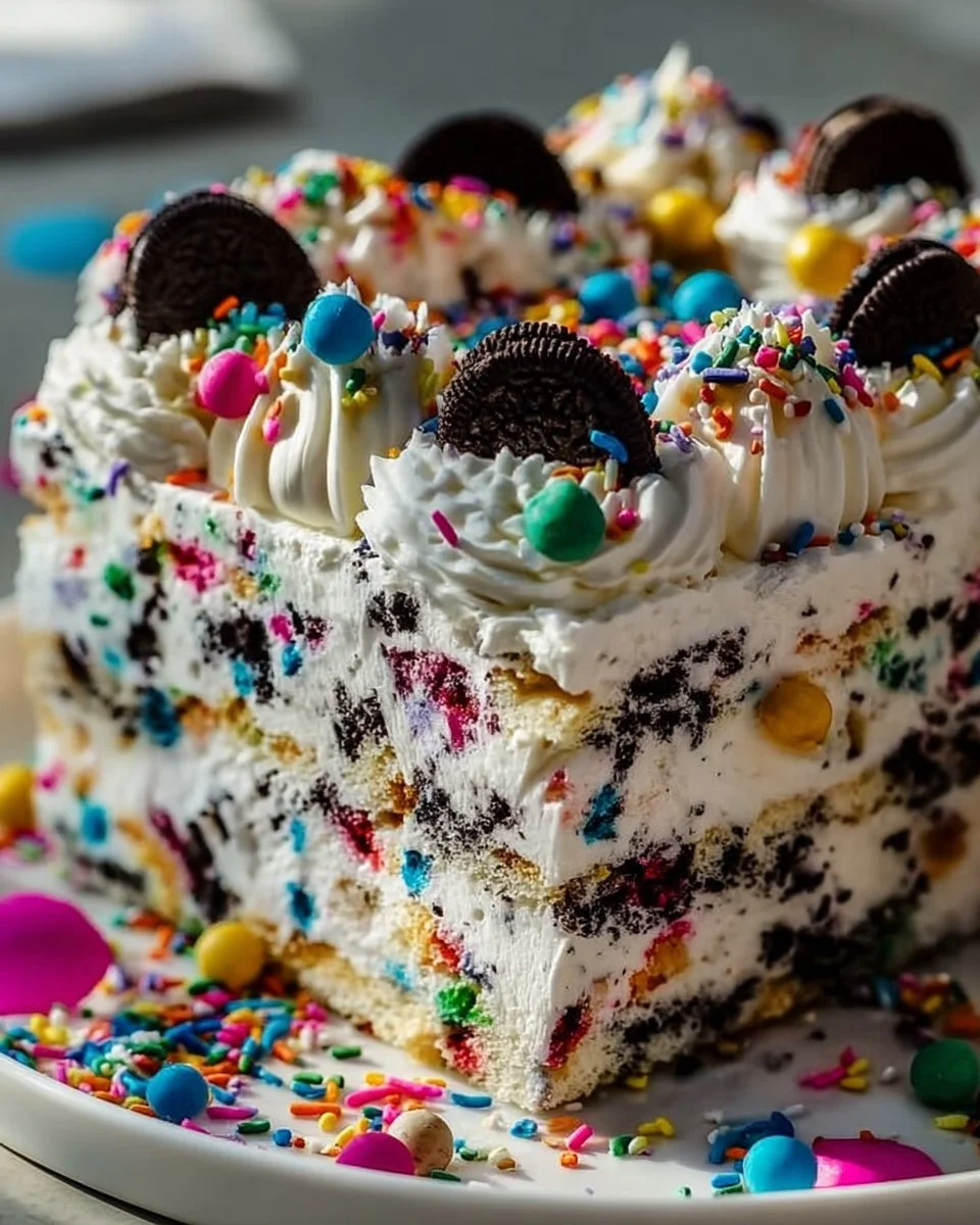 No-Bake Funfetti Oreo Icebox Cake topped with colorful sprinkles