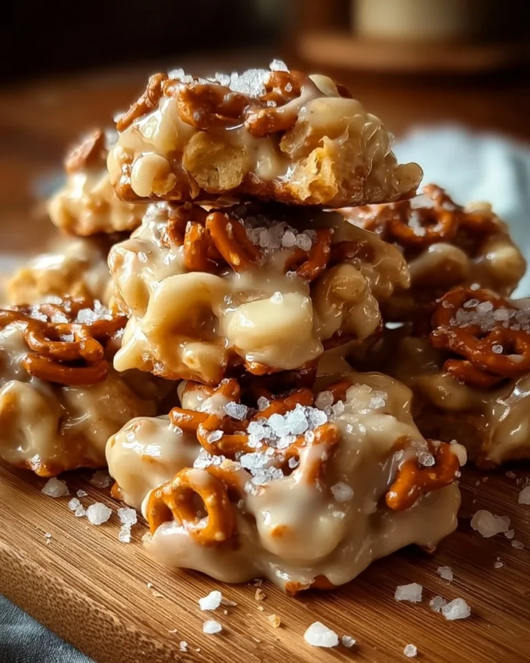 No-bake peanut butter pretzel clusters on a plate with a drizzle of chocolate