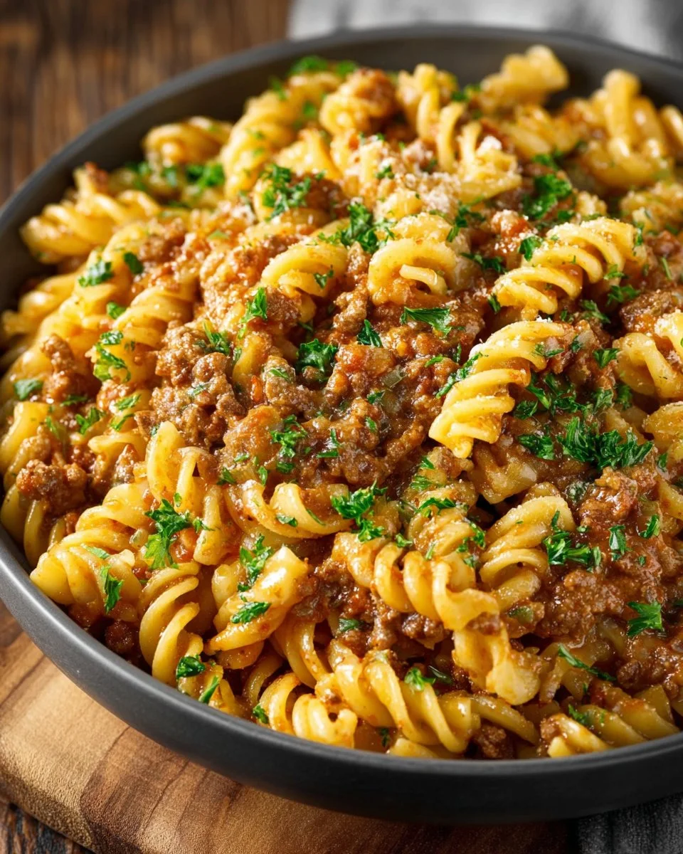 One-Pot Cheeseburger Macaroni dish served in a bowl with cheese and beef