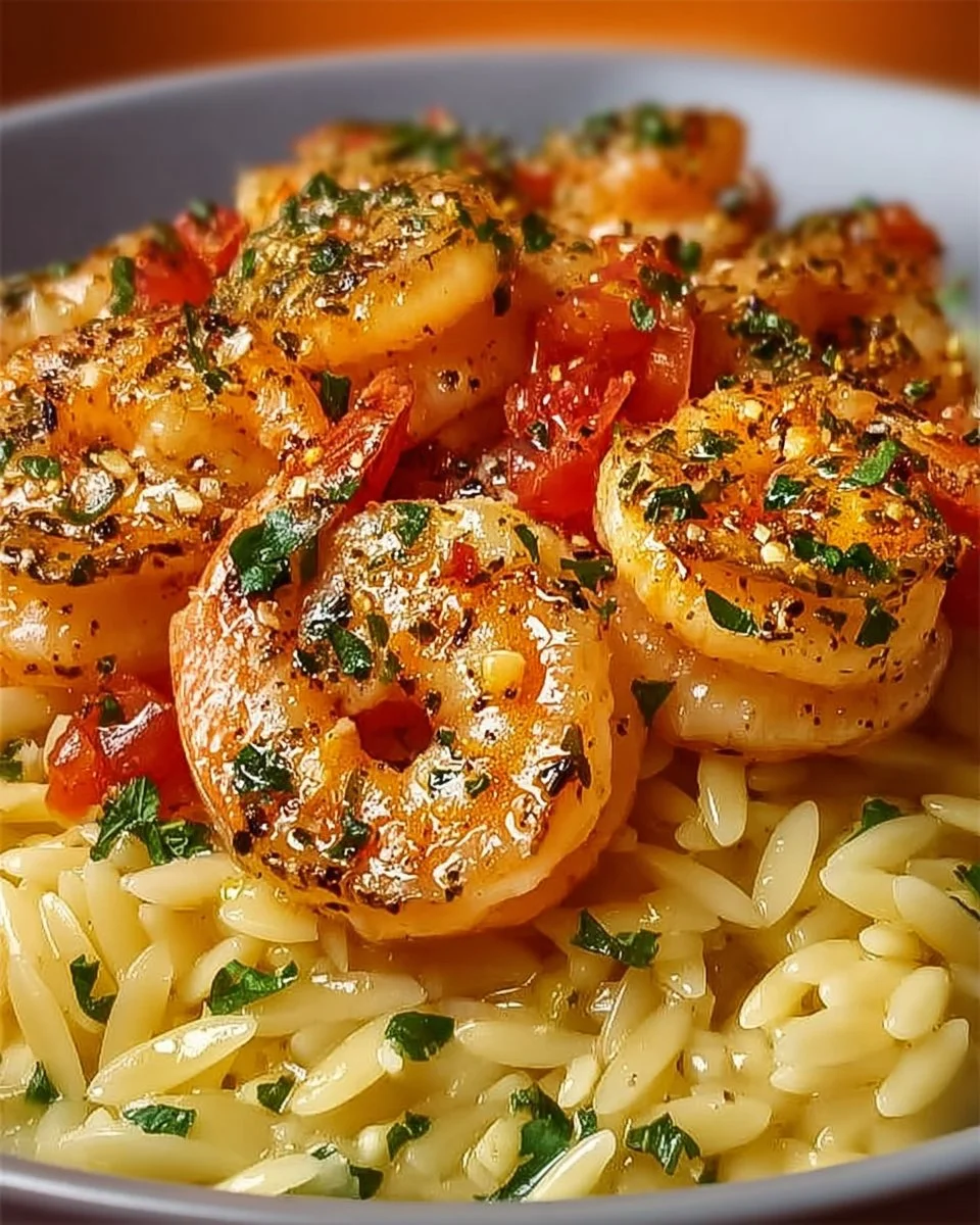 One Pot Garlic Butter Shrimp and Orzo served in a bowl with fresh herbs