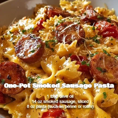 One-Pot Smoked Sausage Pasta featuring pasta, sausage, and colorful vegetables