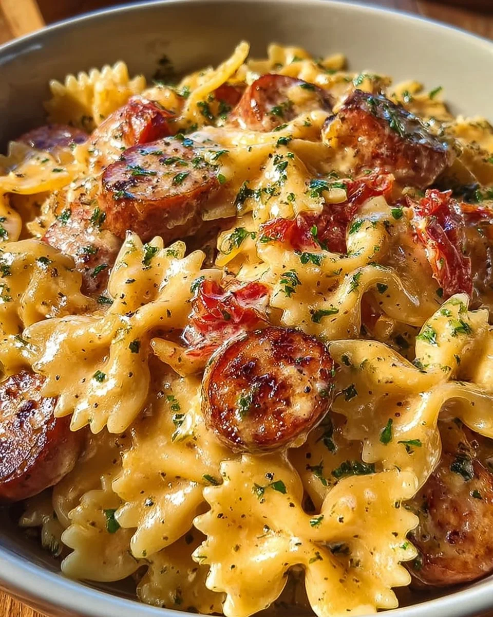 One-Pot Smoked Sausage Pasta served in a bowl, garnished with herbs.