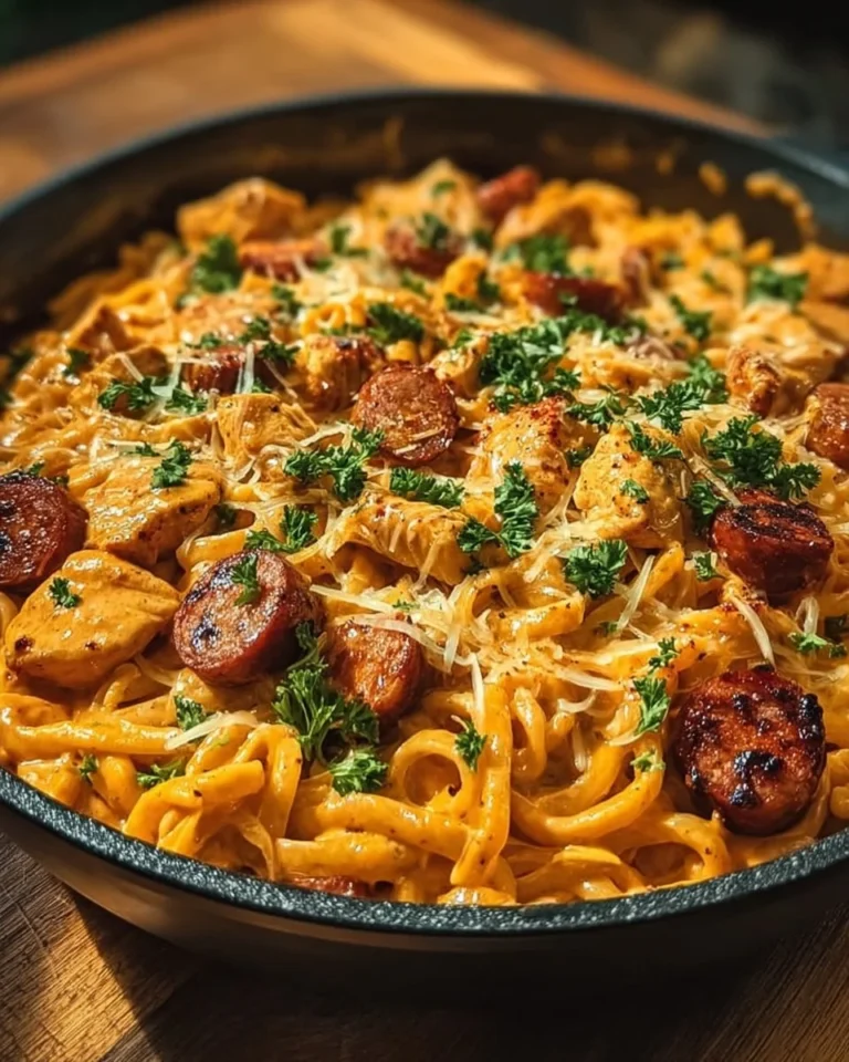 One-Pot Smoky Cheddar Ranch Chicken and Sausage Pasta on a plate