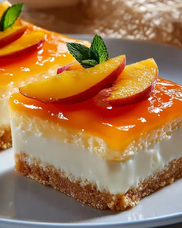 Delicious Peach Cheesecake Bars topped with fresh peach slices