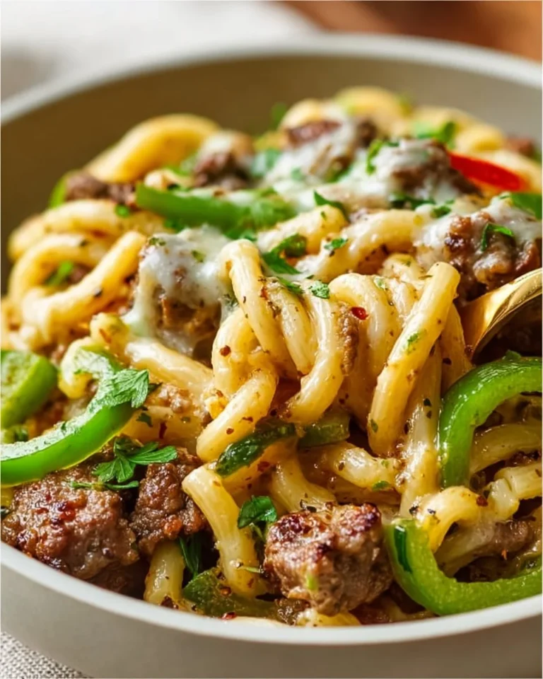 Delicious Philly Cheesesteak Pasta topped with melted cheese and peppers