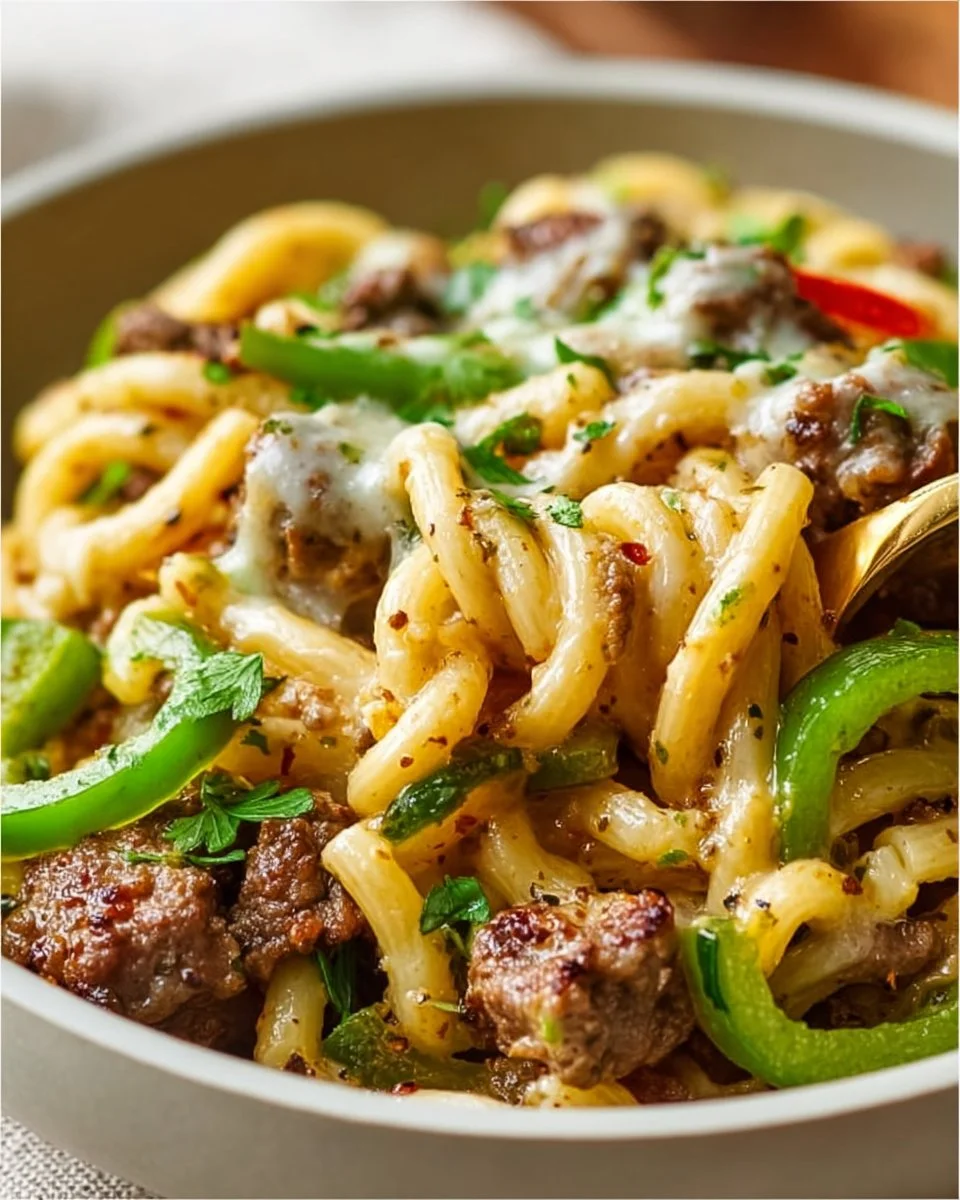 Delicious Philly Cheesesteak Pasta topped with melted cheese and peppers