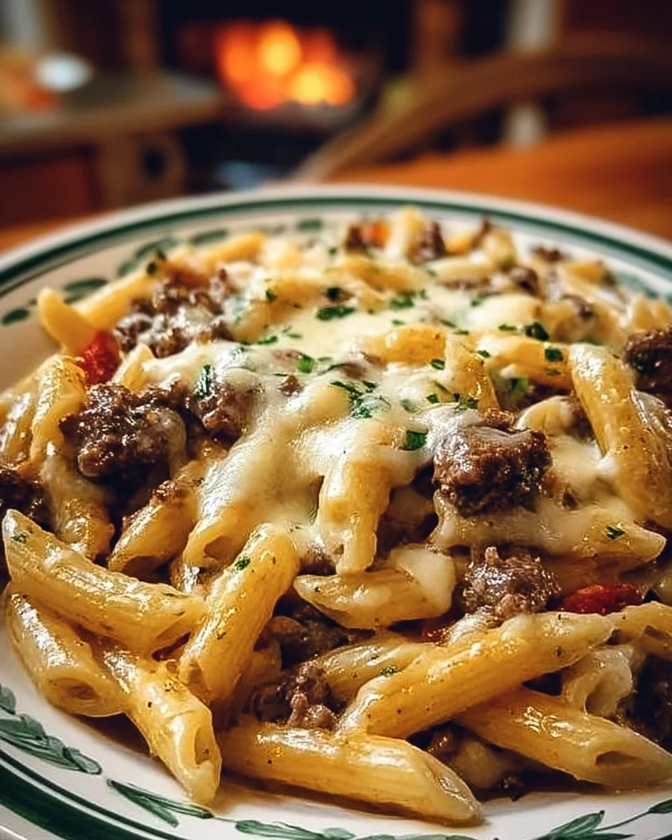 Delicious Philly Cheesesteak Pasta with cheese and steak for a flavorful dish