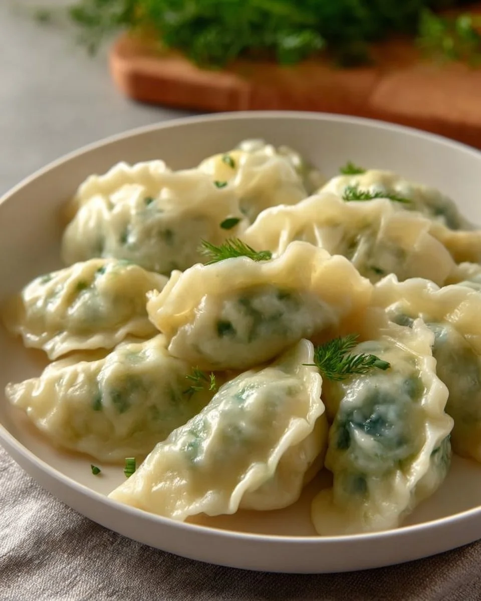 Pierogi ze szpinakiem i fetą na talerzu