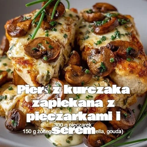 Pierś z kurczaka zapiekana z pieczarkami i serem na talerzu