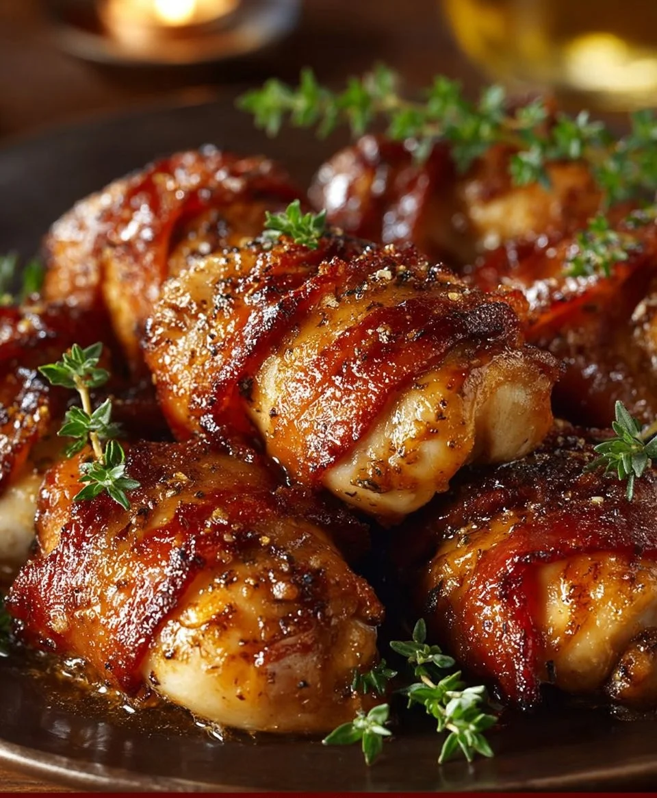 Piersi kurczaka z boczkiem na talerzu, apetyczna potrawa