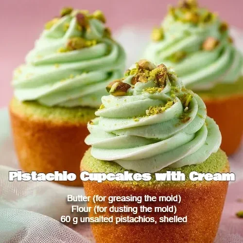 Pistachio cupcakes with cream frosting on a decorative plate.
