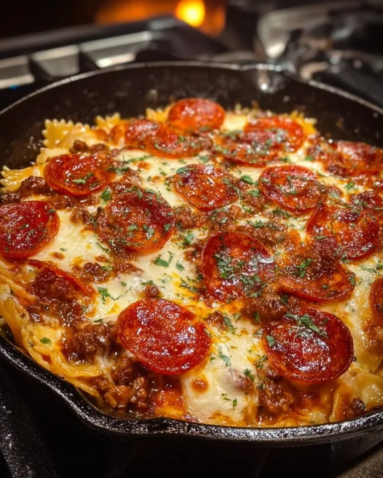 Delicious Pizza Lasagna Skillet Bake with layers of cheese and toppings