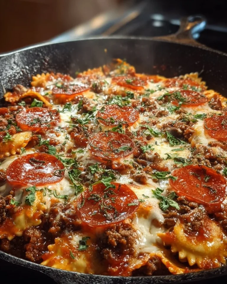 Delicious Pizza Lasagna Skillet Bake in a skillet topped with cheese and pepperoni