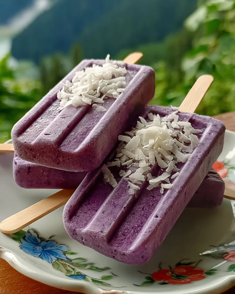 Purple sweet potato coconut popsicles served on a wooden table