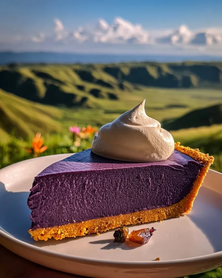 Slice of purple sweet potato pie with a creamy filling and flaky crust.