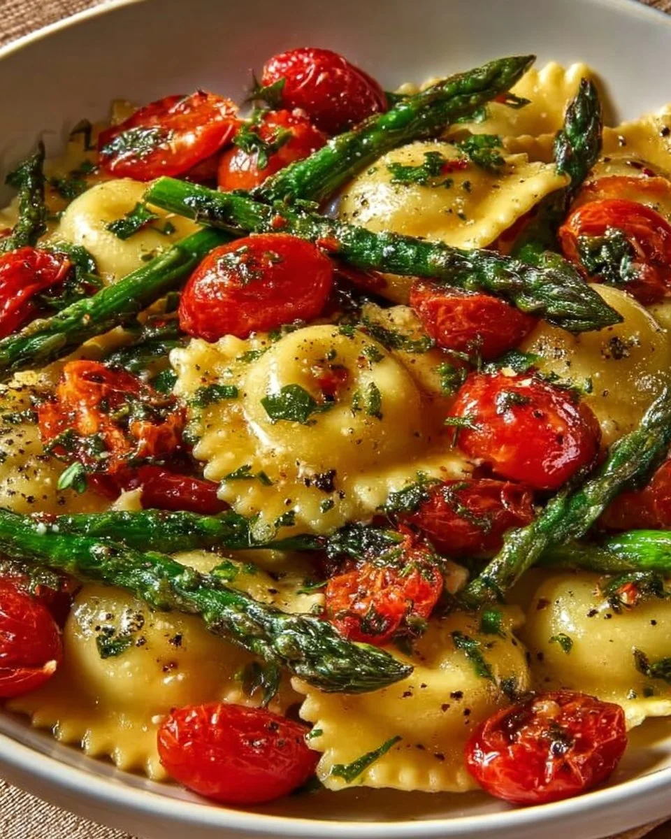 Delicious ravioli dish with tomatoes, asparagus, garlic, and herbs