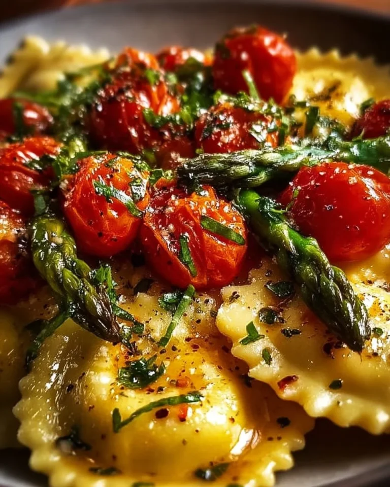 Delicious ravioli with tomatoes, asparagus, garlic, and fresh herbs on a plate.