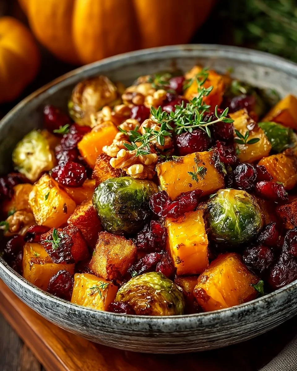 Roasted Brussels sprouts with butternut squash, maple walnuts, and cranberries