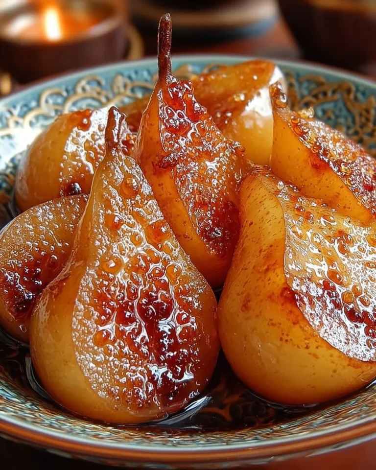 Roasted maple pears drizzled with syrup and garnished with herbs.