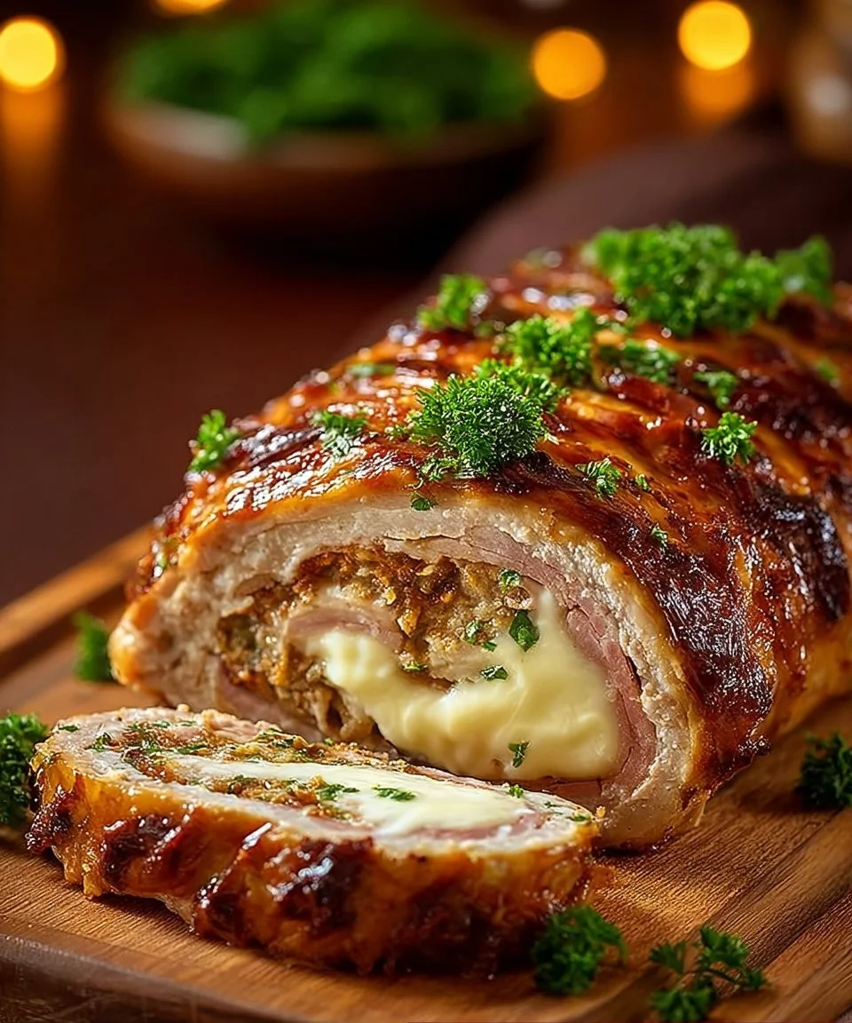 Rolada z mięsa mielonego z szynką i serem na talerzu