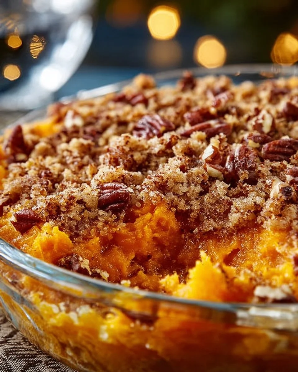 Delicious Ruth Chris Sweet Potato Casserole topped with marshmallows and pecans
