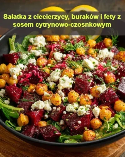 Sałatka z ciecierzycy, buraków i fety z sosem cytrynowo-czosnkowym