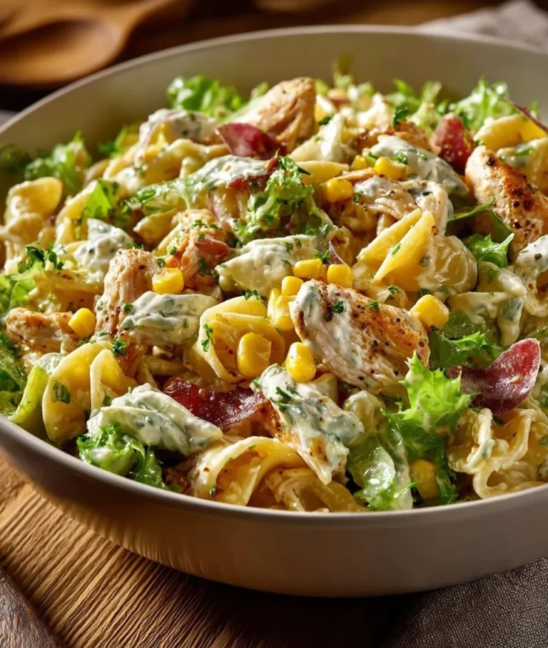 Sałatka z kurczakiem, makaronem i kukurydzą na talerzu