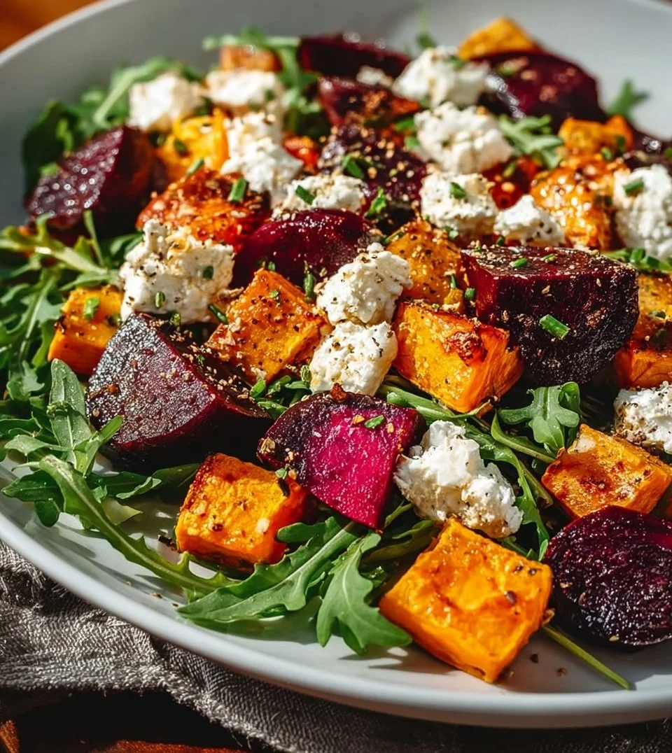 Sałatka z pieczonymi burakami i słodkimi ziemniakami w misce