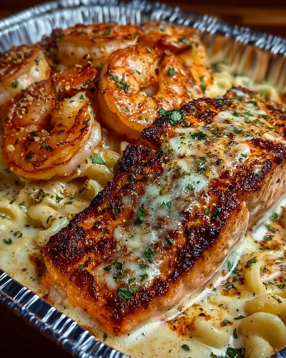Delicious Salmon Alfredo with shrimp served in a creamy sauce over pasta