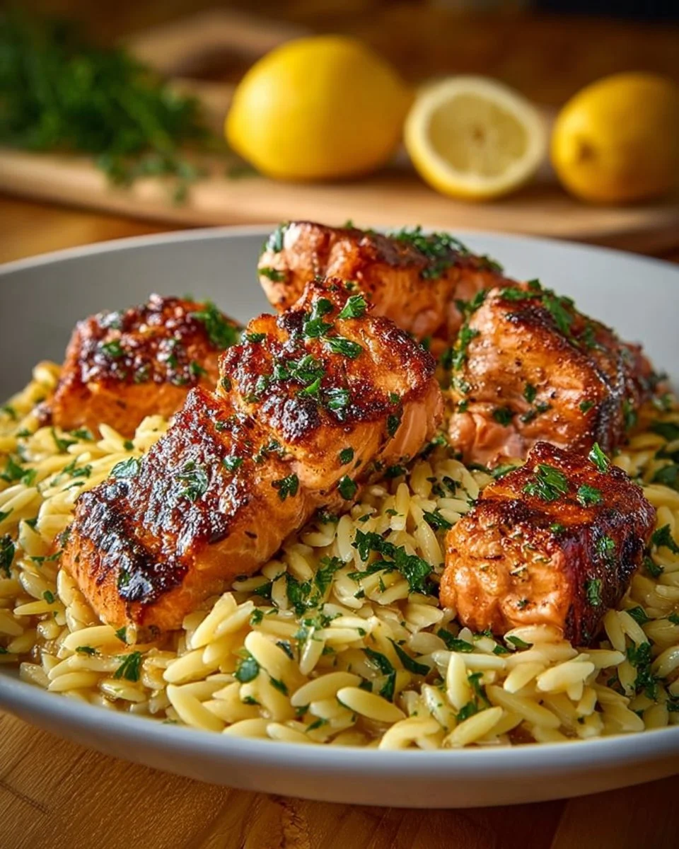 Salmon bites with lemon butter orzo on a plate, garnished and ready to serve.
