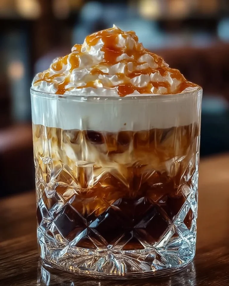 Salted Caramel Butterscotch White Russian cocktail garnished with caramel drizzle.