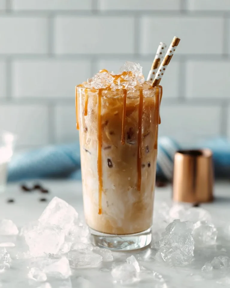 Delicious Salted Caramel White Russian cocktail garnished with a caramel drizzle.