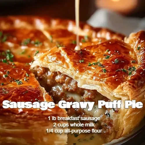 Delicious sausage gravy puff pie served warm with golden flaky crust.