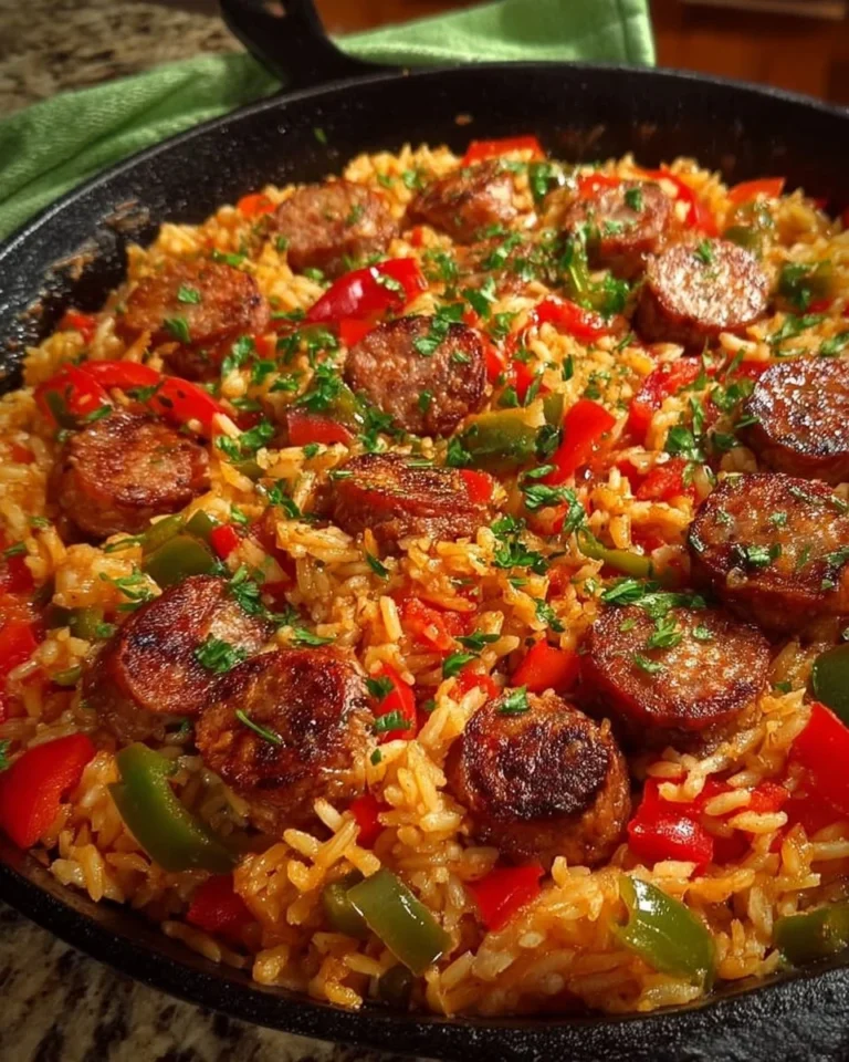Sautéed sausage, peppers, and rice in a skillet for a flavorful dinner dish