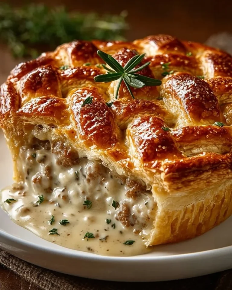 Sausage and rich gravy biscuit pie served on a plate with herbs