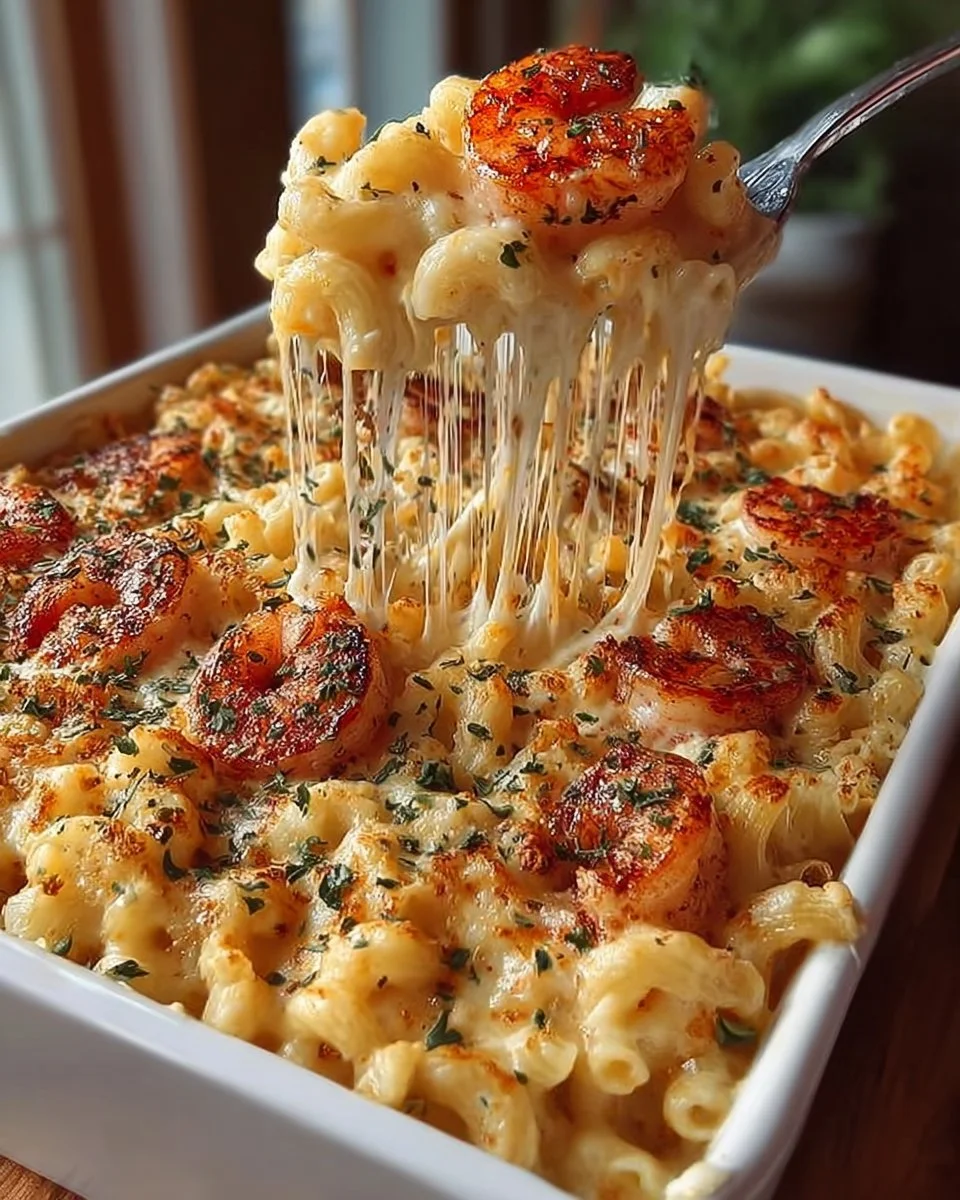 Baked Seafood Mac & Cheese topped with breadcrumbs and shrimp