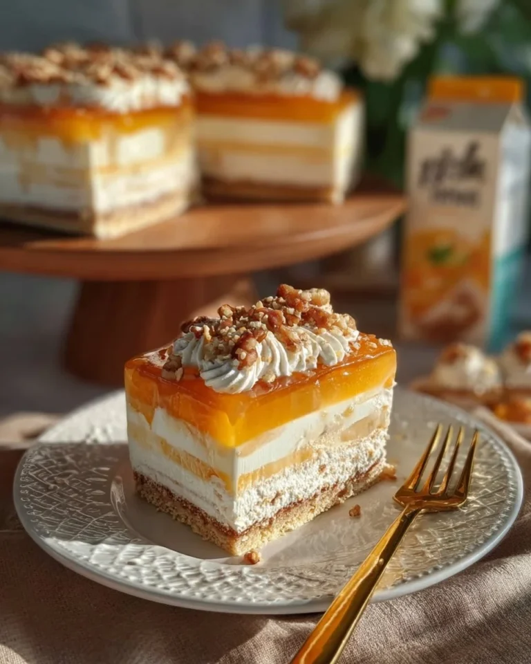 Sernik bez pieczenia z kremem i brzoskwiniami na talerzu