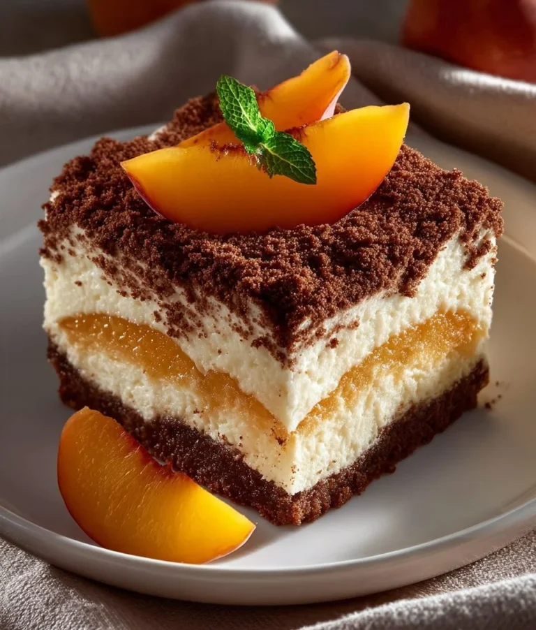 Sernik z brzoskwiniami i kakaową kruszonką na talerzu