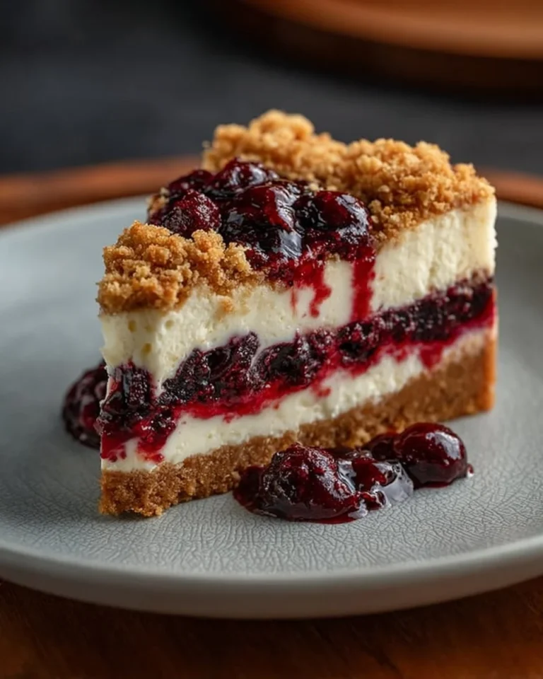 Sernik z owocami i kruszonką podany na talerzu