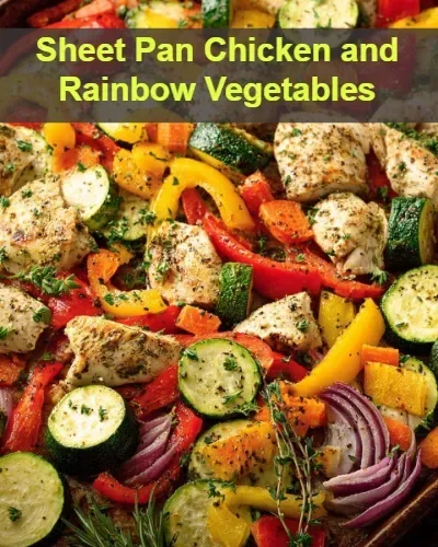 Sheet Pan Chicken with colorful rainbow vegetables ready to serve