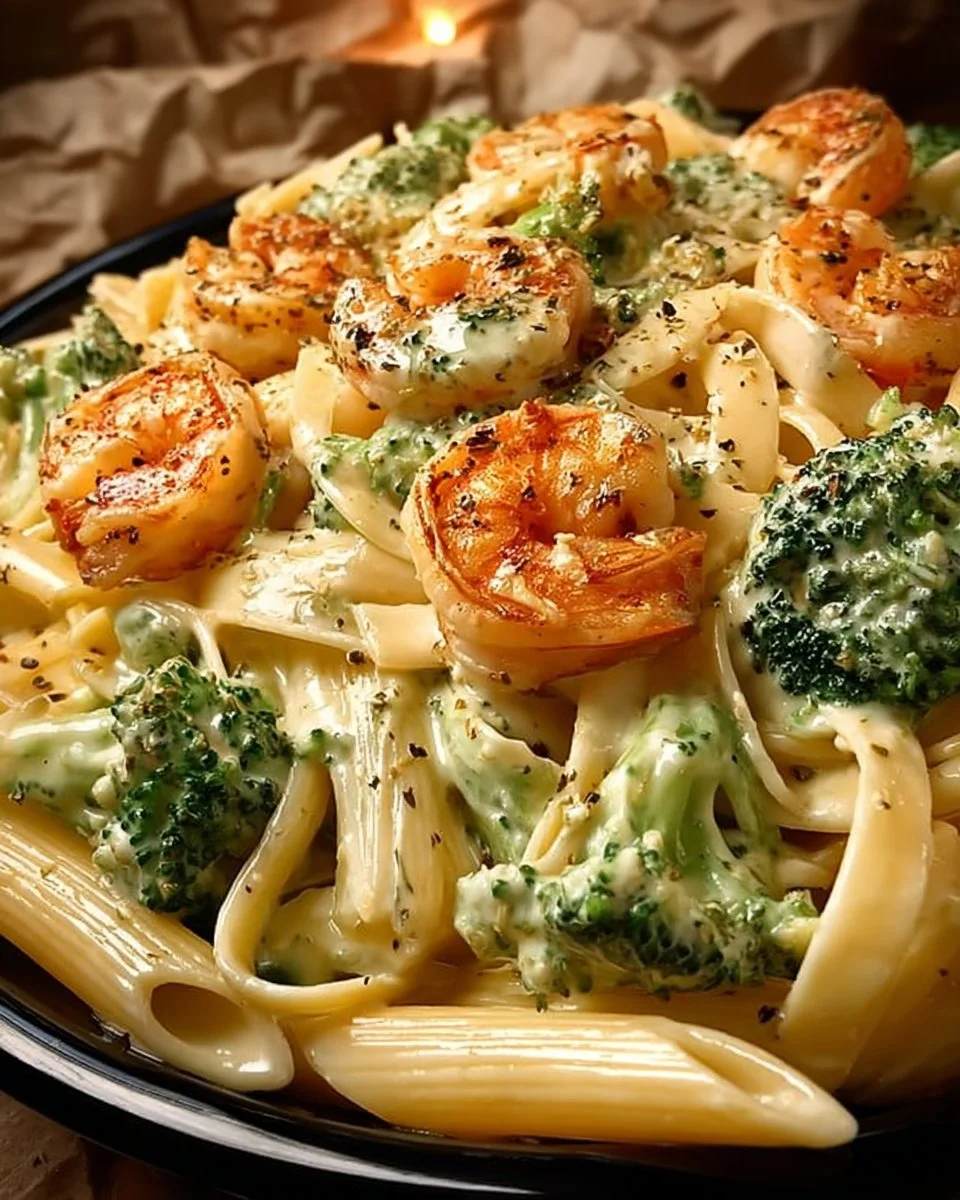 Shrimp and broccoli alfredo pasta dish served in a bowl
