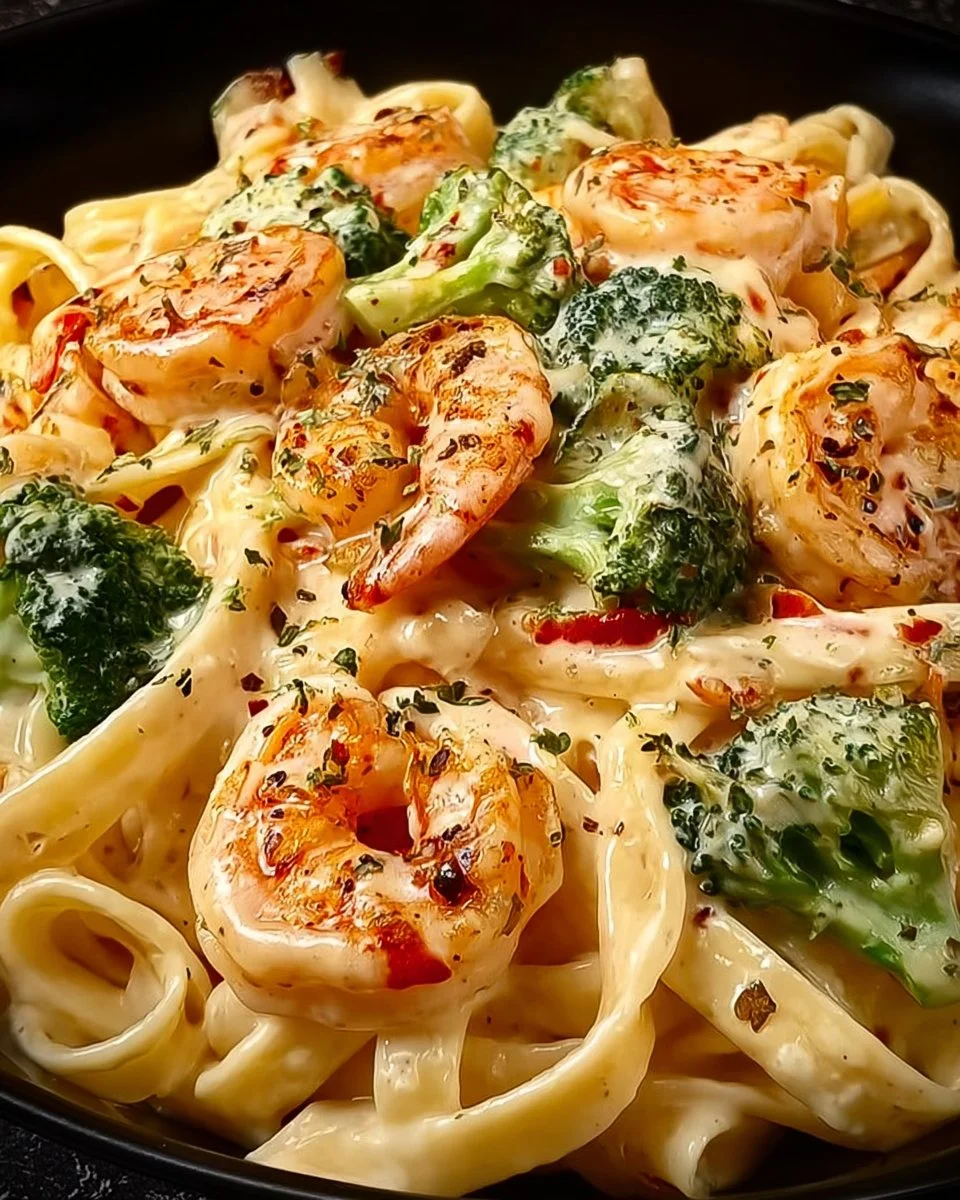 Delicious Shrimp Broccoli Alfredo with creamy sauce and fresh ingredients