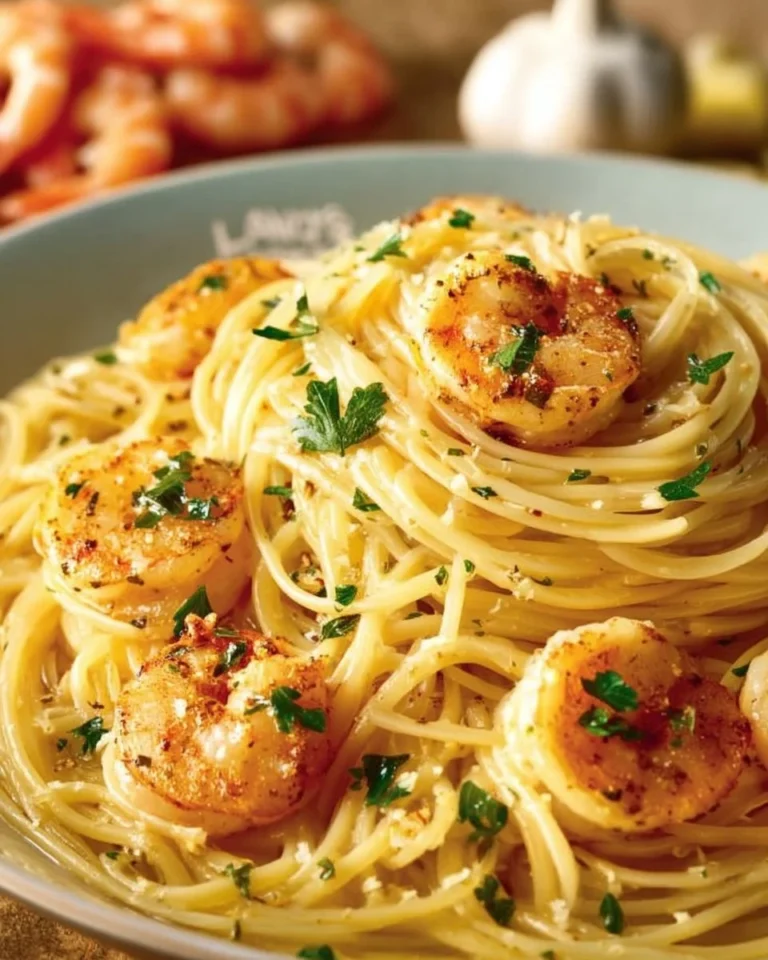 Delicious shrimp scampi pasta topped with parsley and served in a bowl.