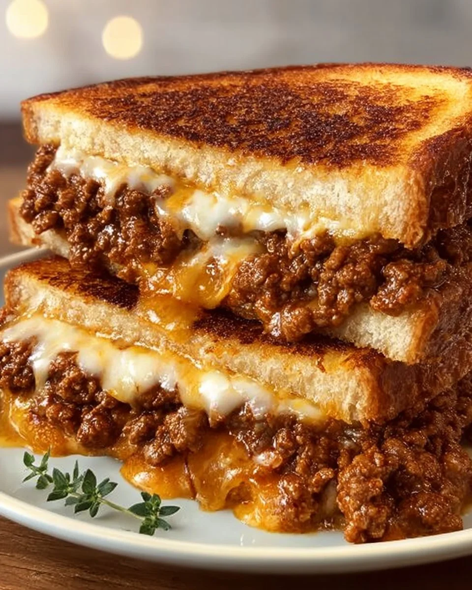 Sloppy Joe Grilled Cheese sandwich with melted cheese and juicy filling