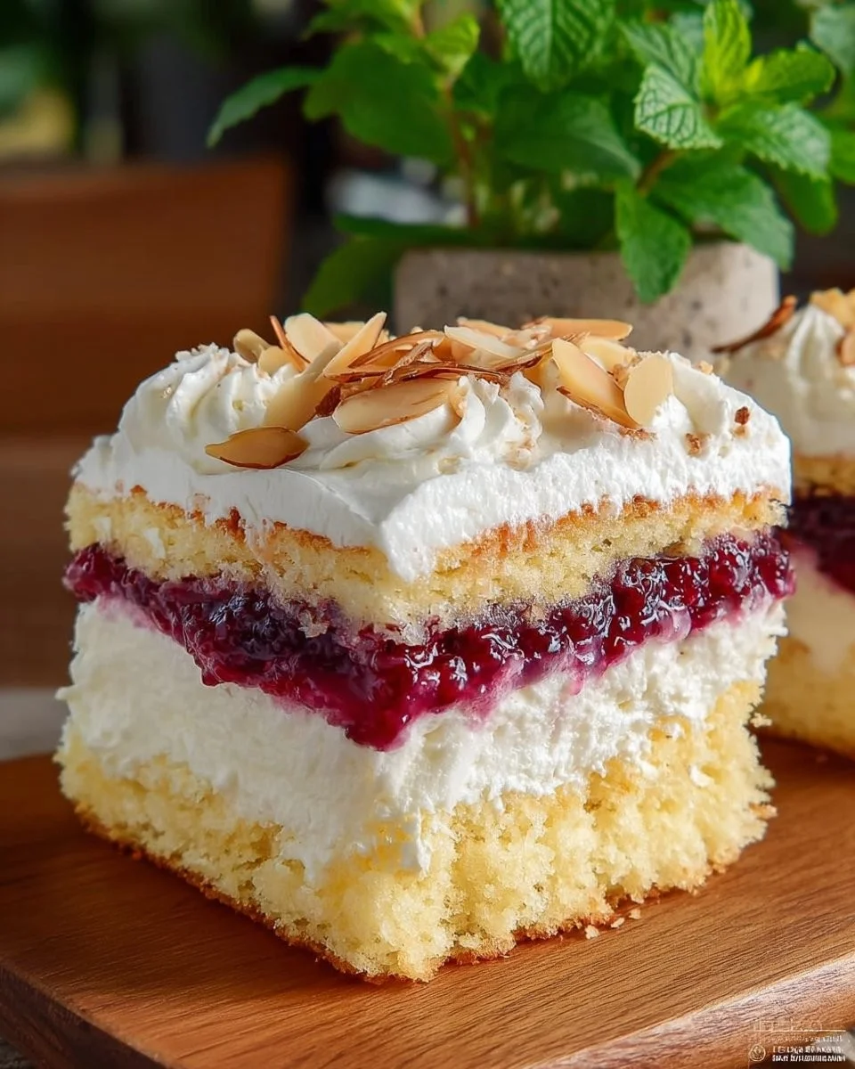 Śmietanowiec z musem porzeczkowym na talerzu, ozdobiony świeżymi porzeczkami