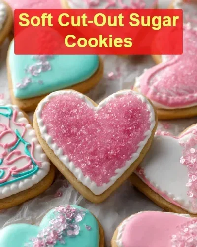 Soft cut-out sugar cookies decorated with icing and sprinkles.